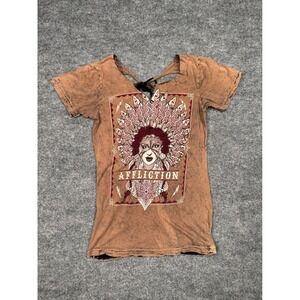 Affliction Graphic T-Shirt Womens Small Brown Mineral Wash Lace Up Back